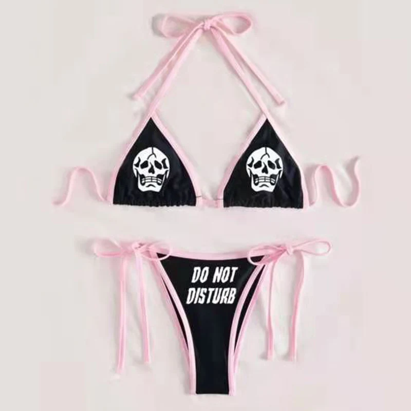 Hoge Taille Mouwloze Gothic Emo Badpak Strap Beachwear Sexy Goth Vrouwen Twee Stuk Schedel Print Bikini Pak Split Badpak pak