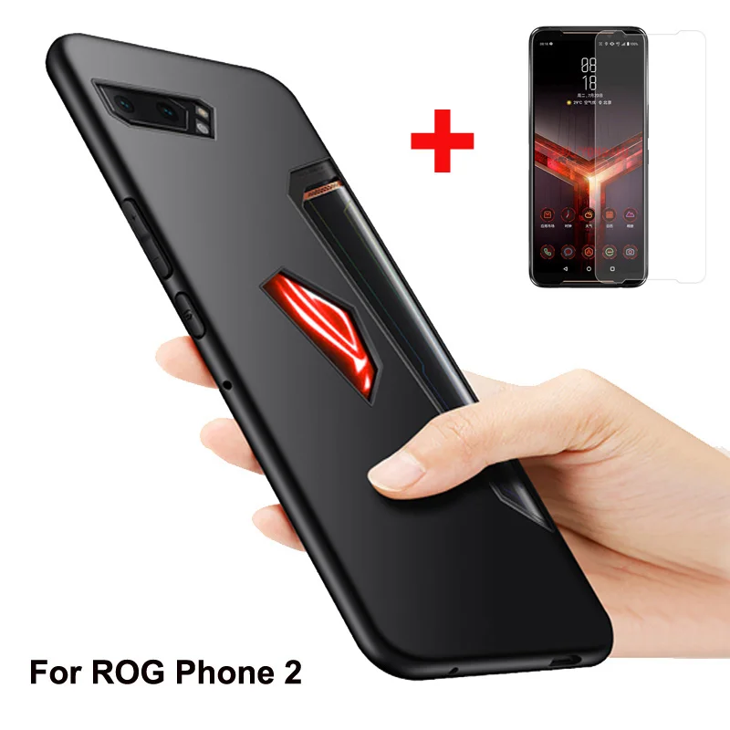 For Asus ROG Phone 2 Case ZS660KL Soft silicone Protective cases + glass Protector Film For Asus ROG Phone II ROG2 Thin Cover