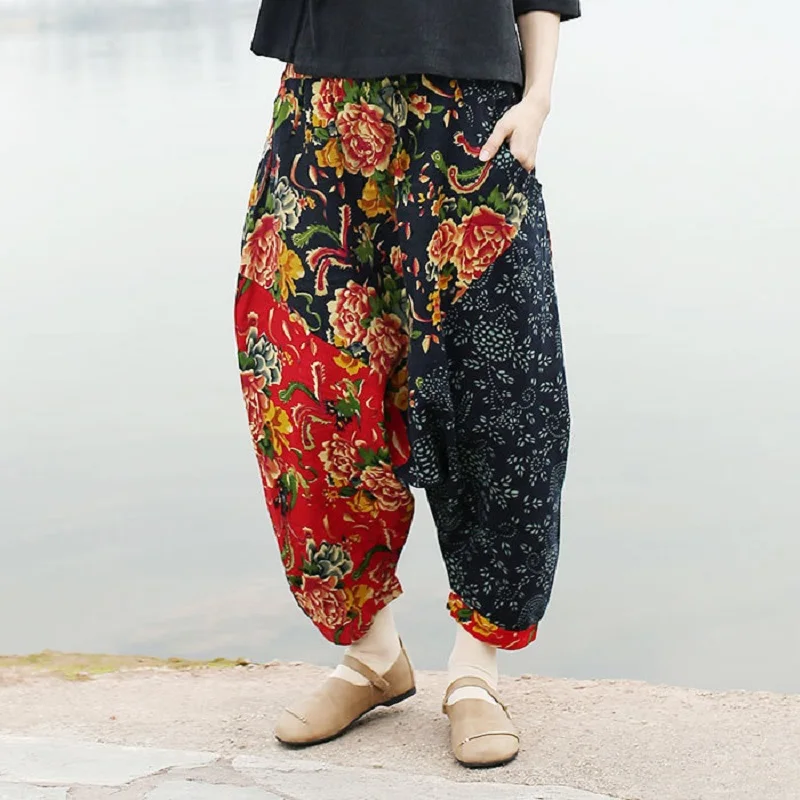 

Cotton Linen Women's Spring Trousers Printing Patchwork Harem Pants Pannelled Stitching Hip-Hop Casual Pants