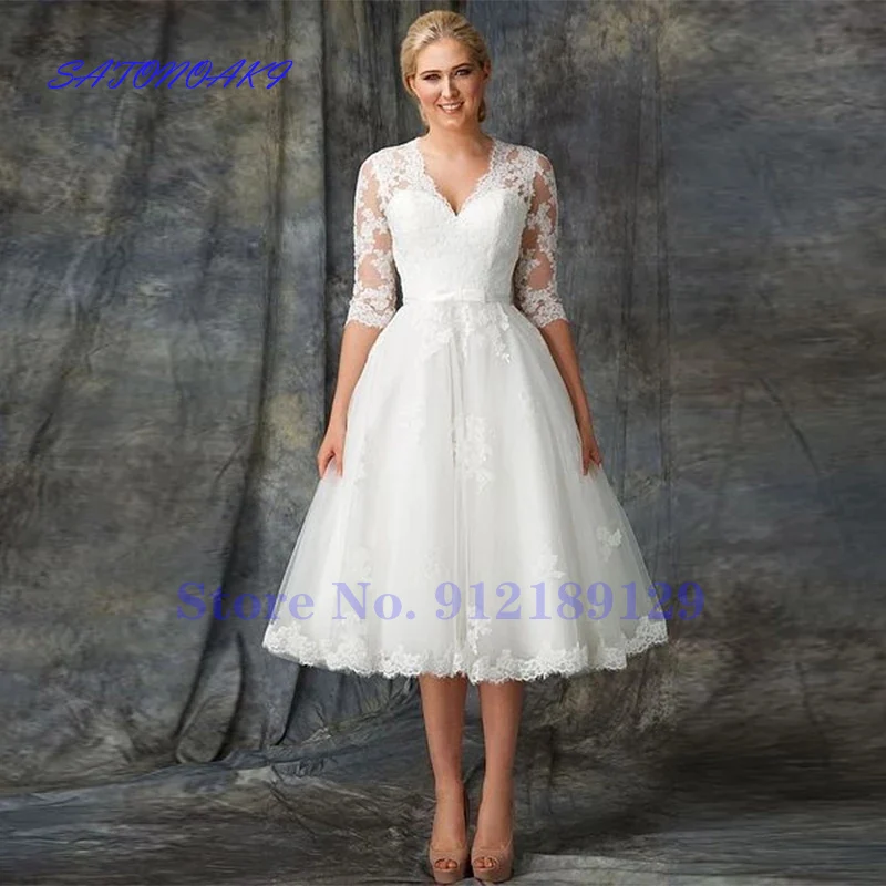 

Vestido De Novia Short Wedding Dresses 2024 Tea Length A-Line Bride Gown V-Neck Half Sleeves Robe Mariée France Online Shop