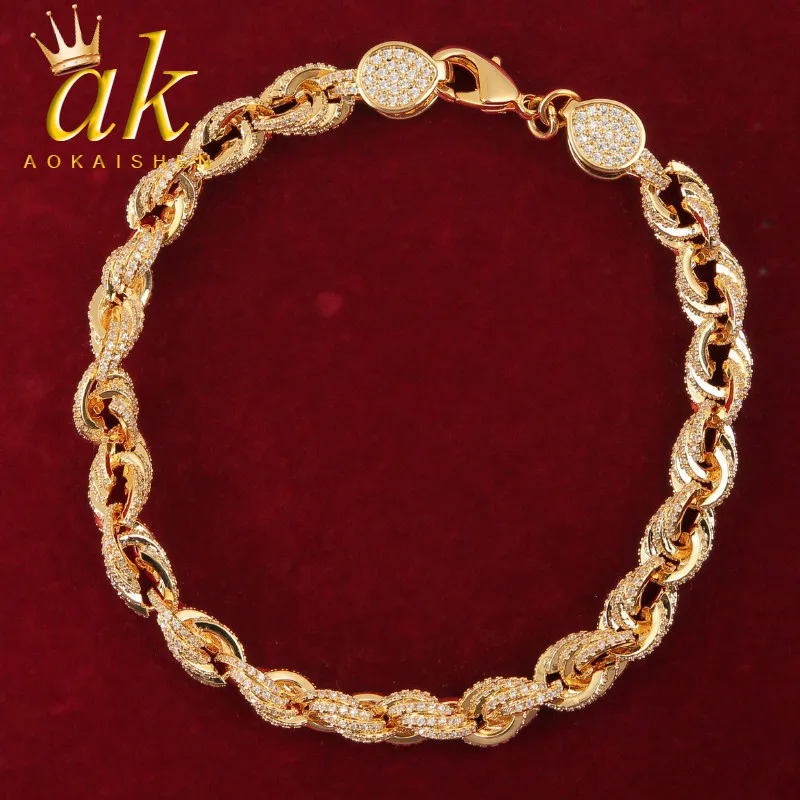 

Aokaishen Iced Rope Bracelet for Men Hip Hop Jewelry Real Gold Plated 2022 Trend Free Shipping Items