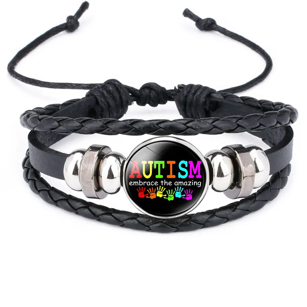 AUTISM MOM Awareness Bracelet For Children Handmade Knitted Leather Puzzle Charm Bracelet Boy Girl Wristband Jewelry