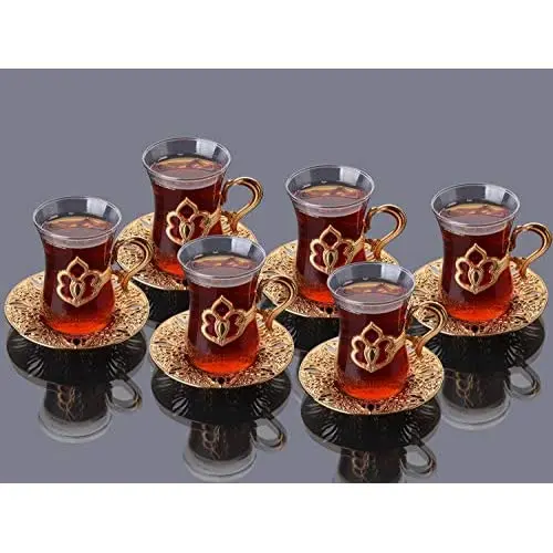 LaModaHome Turkish Arabic Tea of Glasses Set of 6 with Gold Holders and Saucers - Fancy Vintage Handmade Set, glass Tea Cup, Gift,