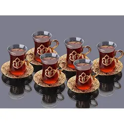 LaModaHome Turkish Arabic Tea of Glasses Set of 6 with Gold Holders and Saucers - Fancy Vintage Handmade Set, glass Tea Cup, Gift,