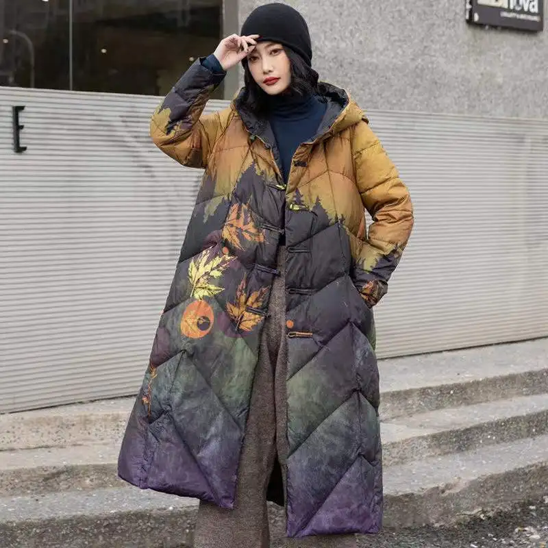 Women\'s Winter New Fashion Long Yellow Green Orange White Duck Down Coat Women\'s Loose Warm Jacket  Female Print Hooded Coat