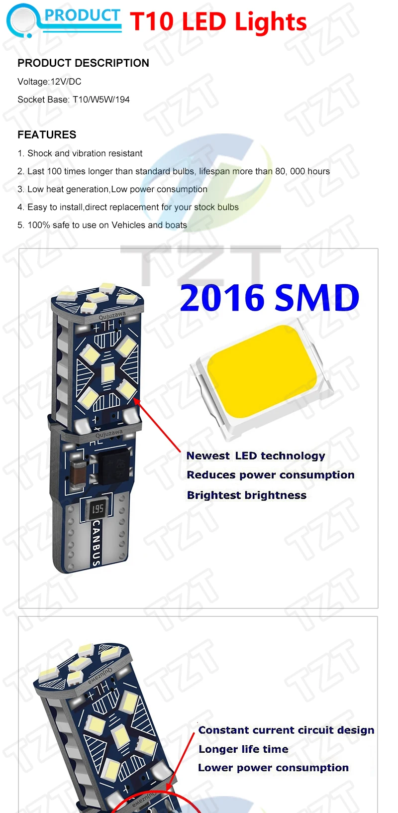 TZT T10 W5W Neue Superhelle LED-Leuchten WY5W 168 501 2825 Auto-Keilblitzlichter Seitenlampen Auto-Innenraumleuchte Leseleuchte Deckenlampe – Detail 1