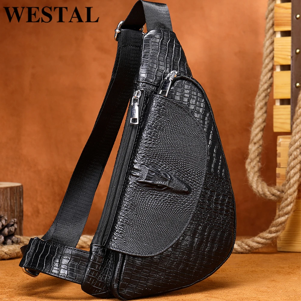 WESTAL Saddle Designer Chest Bag Genuine Leather Sling Bags for Men Men\'s Shoulder Bag Croco Pattern Chest Pack Crossbody Bags