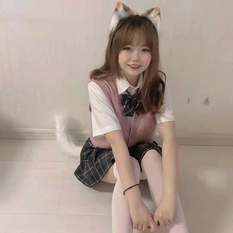 Cat cosplay tail ears simulation fur black white gray Halloween performance props cat ears