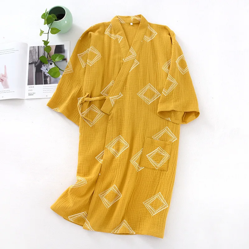 Bata Kimono tejida de algodón para mujer, ropa de baño de manga larga con estampado geométrico, de talla grande, holgada, larga, de crepé, para el hogar