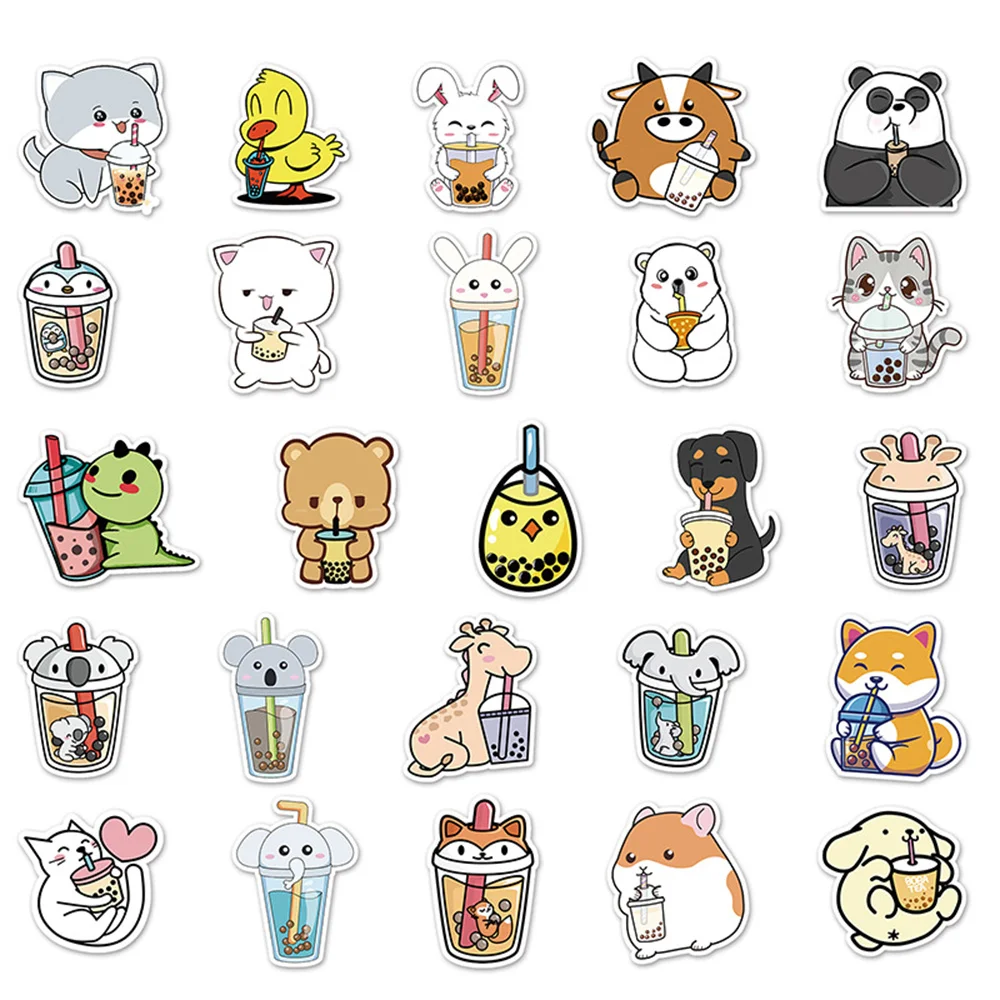 50pcs Pet Drink Milk Tea Stickers For Notebooks Stationery Panda Dog Sticker Aesthetic Craft Supplies Scrapbooking Material