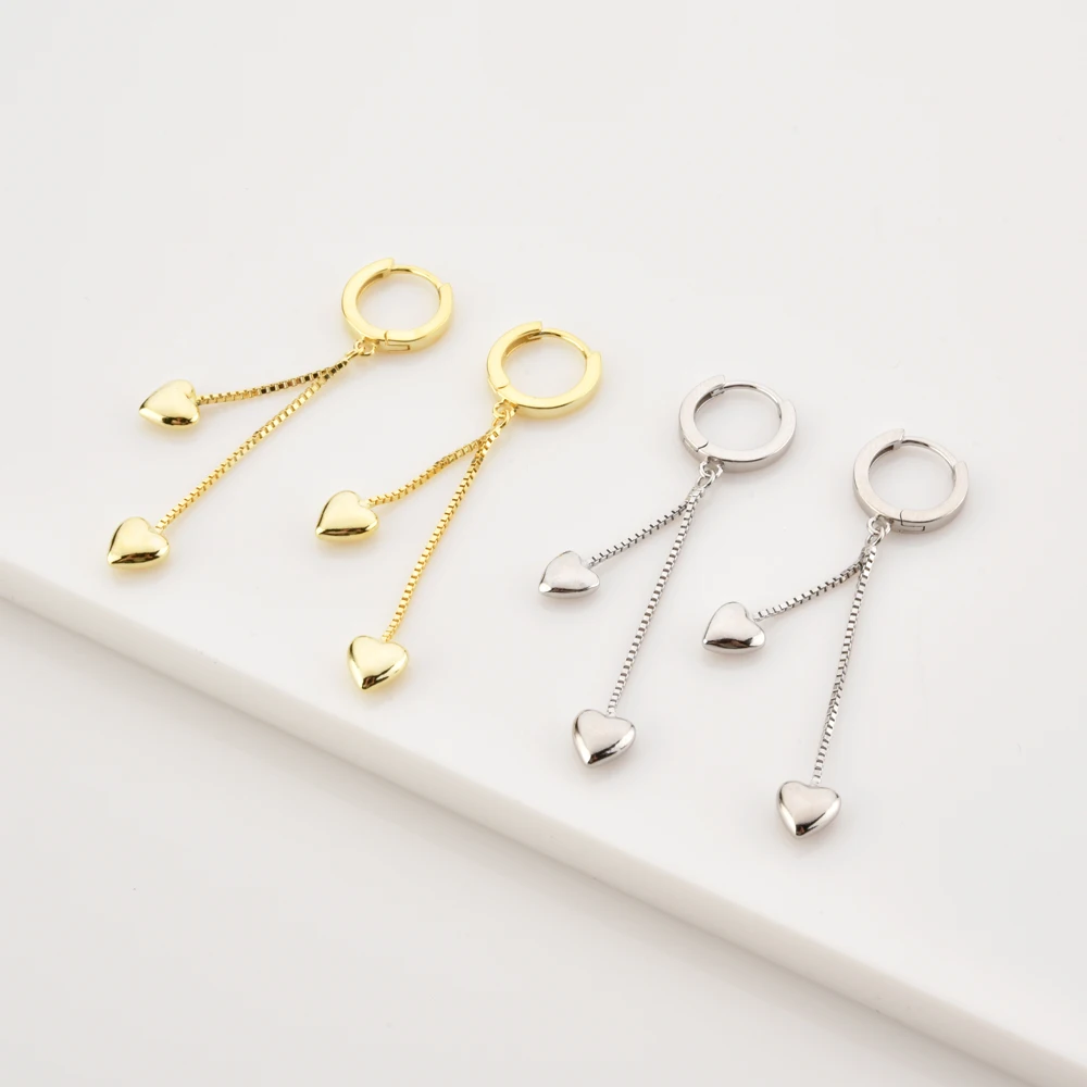 ANDYWEN 925 Sterling Silver Two Chain Heart Drop Earring Women Fashion Fine Jewelry Clips Female Classic Wedding Rock Punk Party