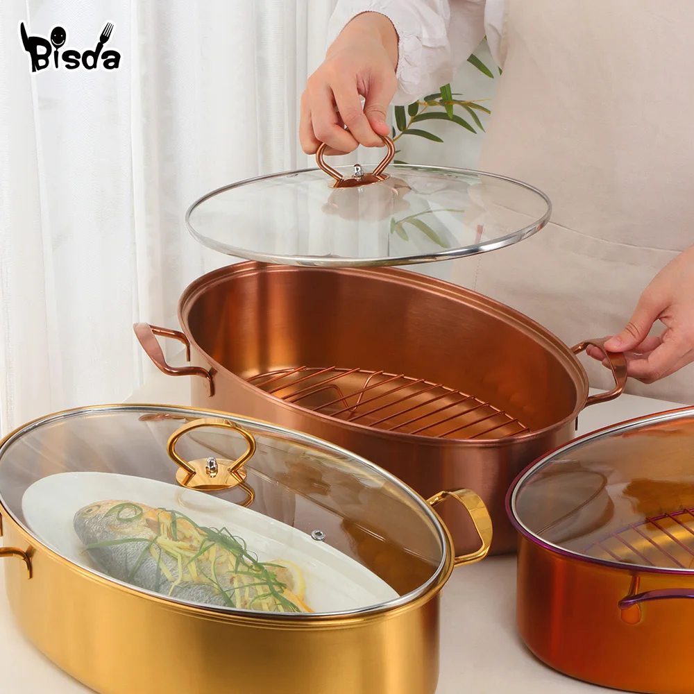 2/3Pcs Stainless Steel Fish Pot Bread Corn Steamer Food Cooking Pot with Lid and Steaming Rack Ceramic Plate Soup Pots Cookware