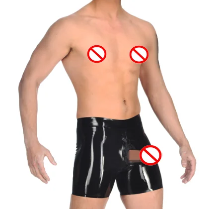 Latex Sexy Men Underwear with Attached Red Anal Sheath and Short Front Zip Gays Panties Wet Look Underpants Male Boxers