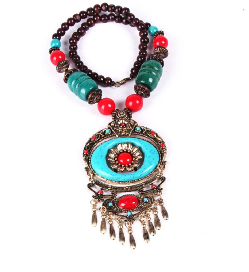 Vintage Nepal Long Buddhist Stone Flower Pendant & Necklace For Women Boho Beads Tassel Wood Necklace Lucky Jewelry