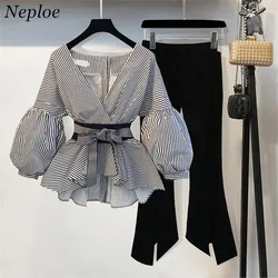 Neploe 2024 New Striped Blouse & Wide Leg Pants Set with Sashes Fashion Puff Sleeve Blusas + Flare Pants 2 PCs Women Suits 68191