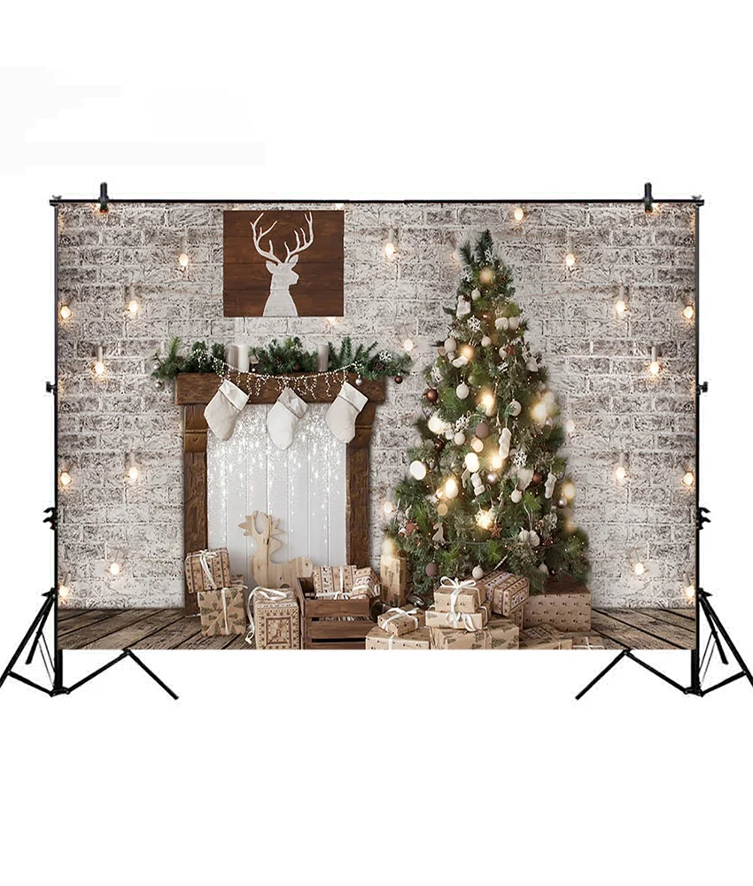 Fondo de fotografía de Navidad para estudio fotográfico, Fondo de pared de ladrillo gris, chimenea, decoración de fiesta familiar