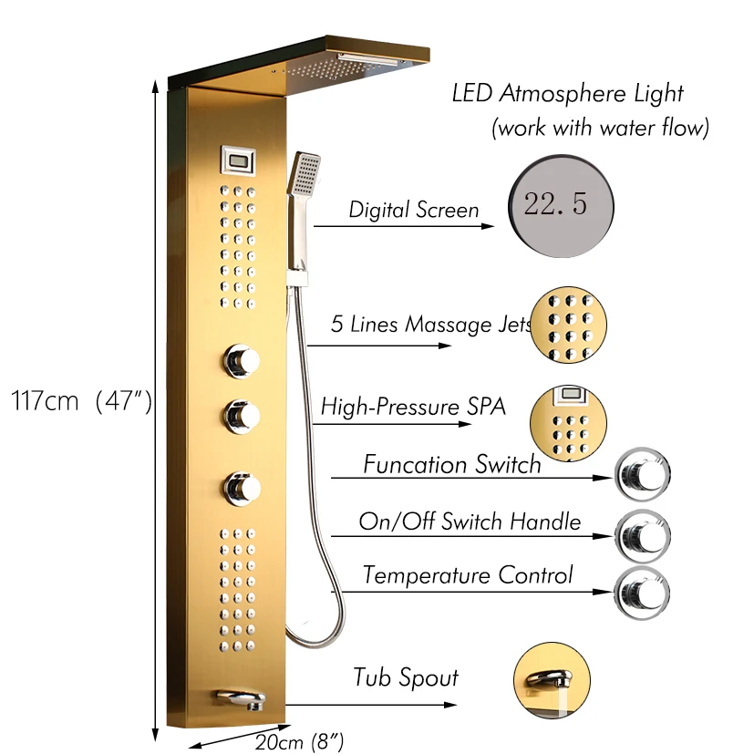 YANKSMART Gold Black Nickel Brushed Digital Display Shower Panel Column Rain Waterfall Shower Spa Jets Bath Shower Mixer Faucet