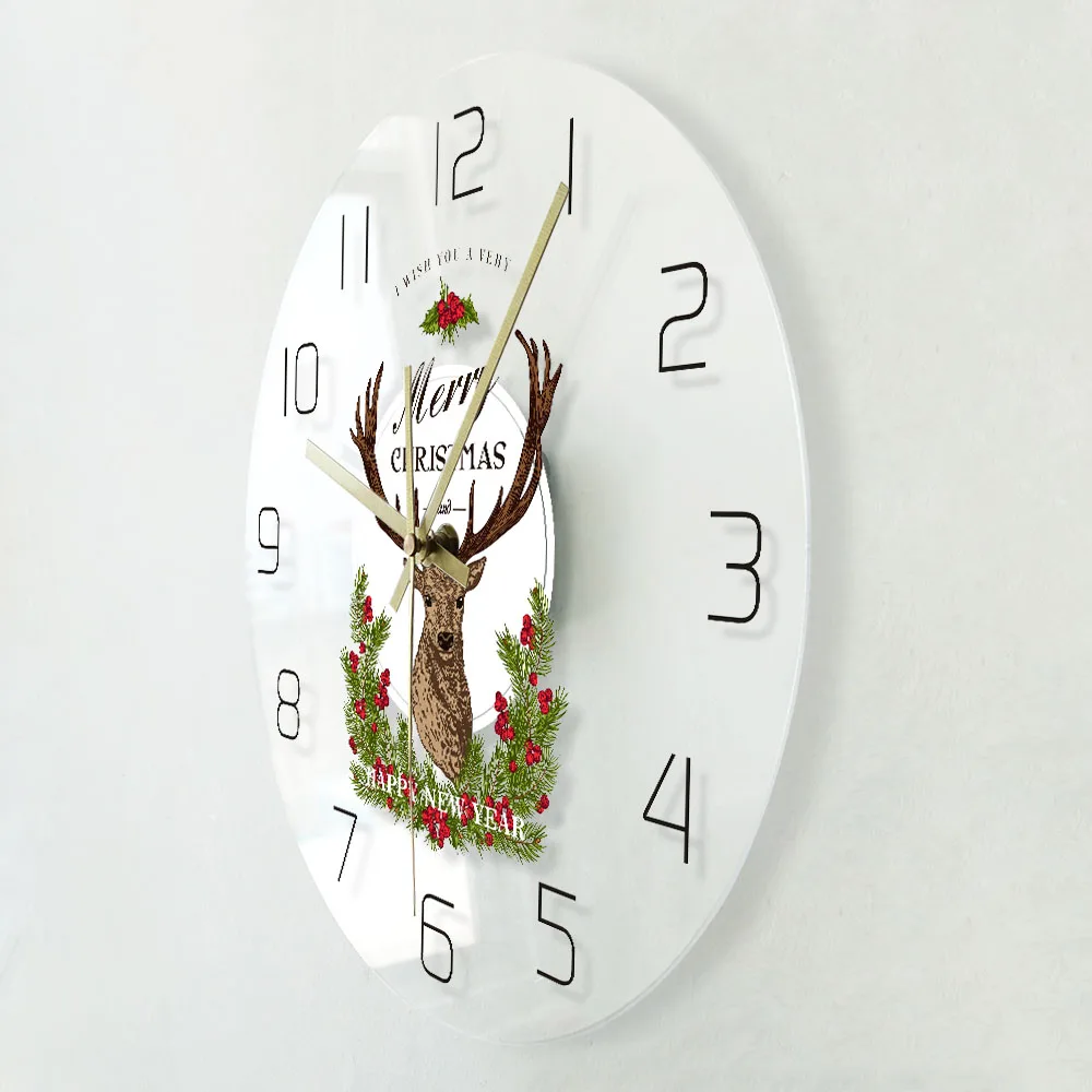 Merry Christmas And Happy New Year Winter Holidays Decorative Wall Clock Farmhouse Christmas Deer Wall Watch Housewarm Gift Idea