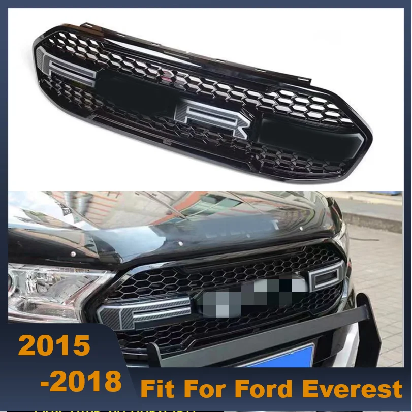 ABS Black Middle Grille Racing Grills Front Bumper Grill With LED Lights Carbon Fiber Letters For Ford Everest 2015-2018