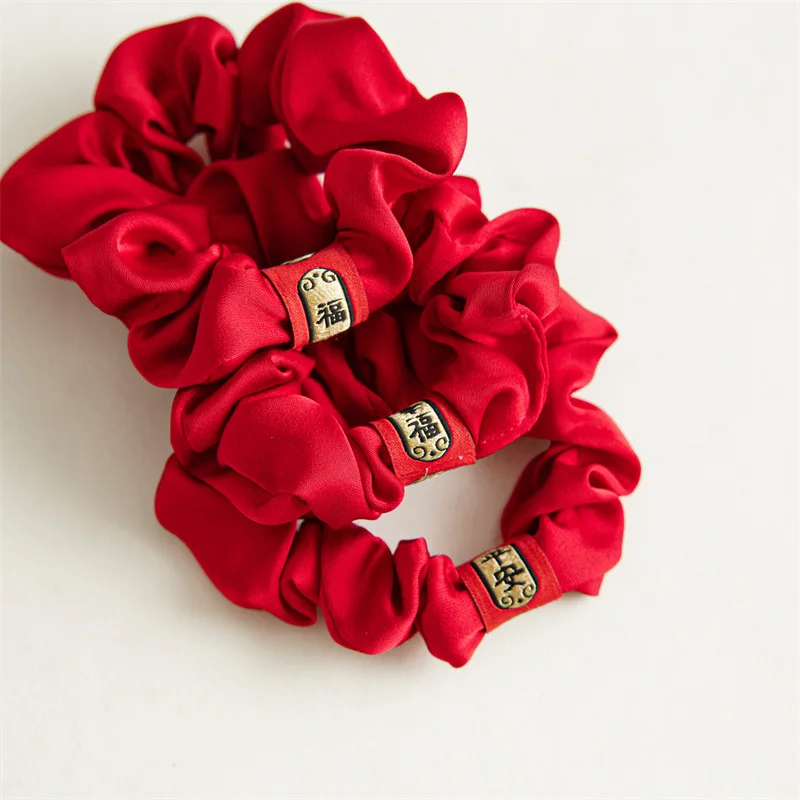 2024 Chinese New Year Head Ties Red Traditional Spring Festival Hair Scrunchies Silk Slim Hair Rope Kid Girls Hair Accessories