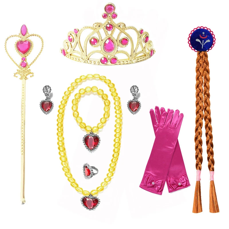 Girls Princess Accessories Set Elsa Anna Rapunzel Aurora Jasmine Crown Magic Wand Necklace Gloves Wig Halloween Party Headwear