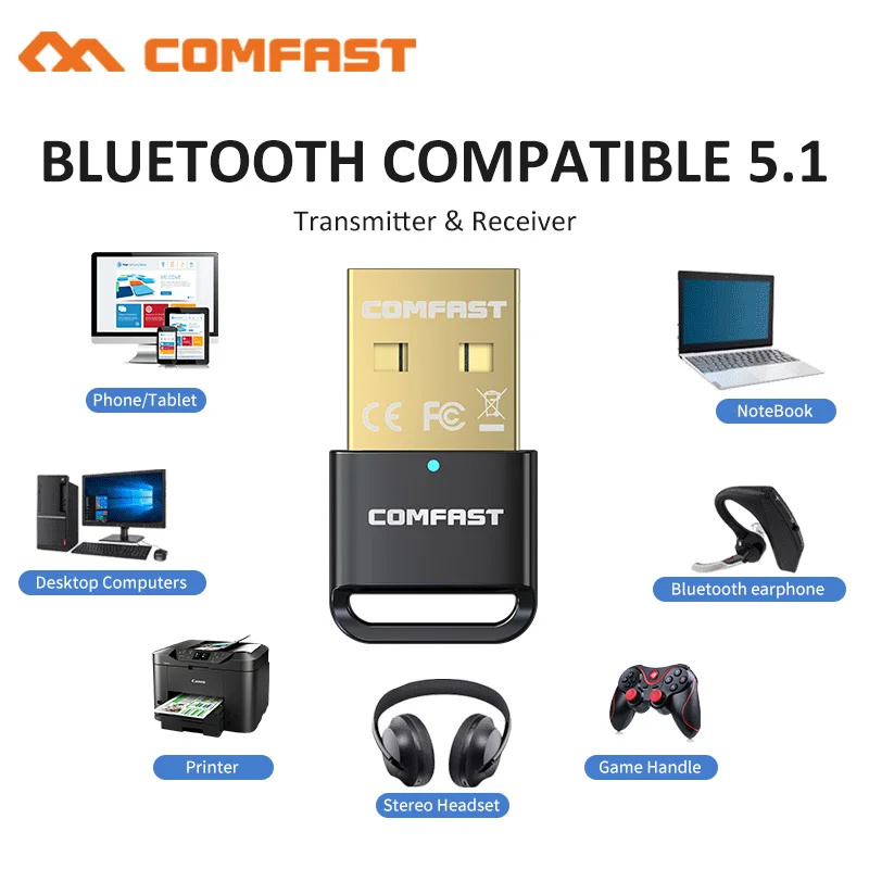 For PC Keyboard Headset Receiver USB Bluetooth 5.1 Transmitter BT 5.0 Adapter Wireless Dongle Support Win8/10 Free Drive