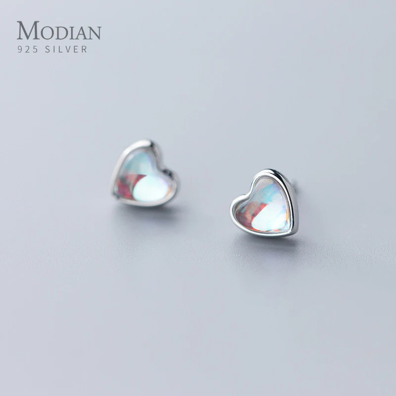 Modian Niedliche Herzen-Ohrstecker für Damen, 925er Sterlingsilber, Regenbogen-Opal-Ohrstecker, Hochzeit, Verlobung, Statement-Schmuck