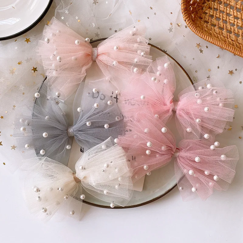 Children Girls Beautiful Net Yarn Bow Hairpins Imitation Pearl Girl Princess Baby Lace Sequin Hairpins Kids Hair Accessorie