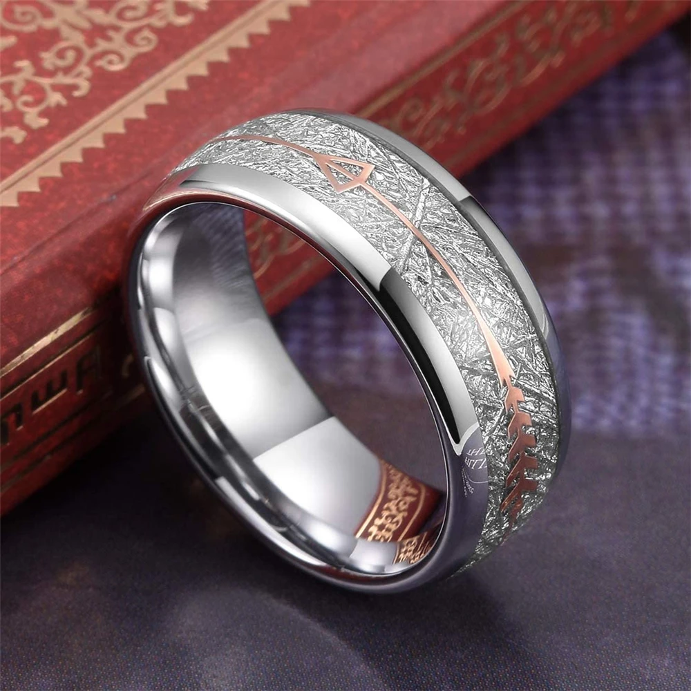 8 Colors Luxury Mens 8mm Tungsten Wedding Stainless Steel Ring Koa Wood Meteorite Inlay Arrow Ring Punk Men Wedding Band Jewelry