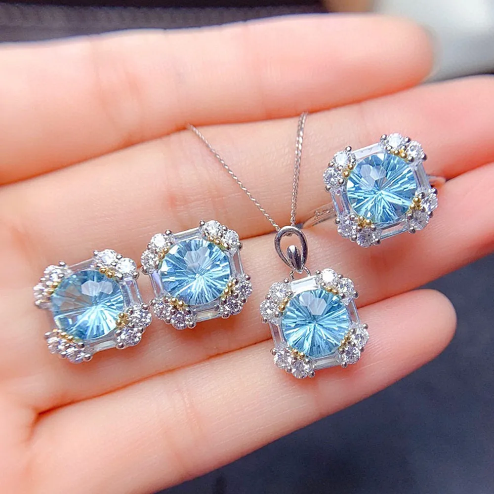 Chic Blue Crytal Topaz Diamonds Gemstones Pendant Necklaces Stud Earrings White Gold Color Jewelry Sets for Women Party Gifts