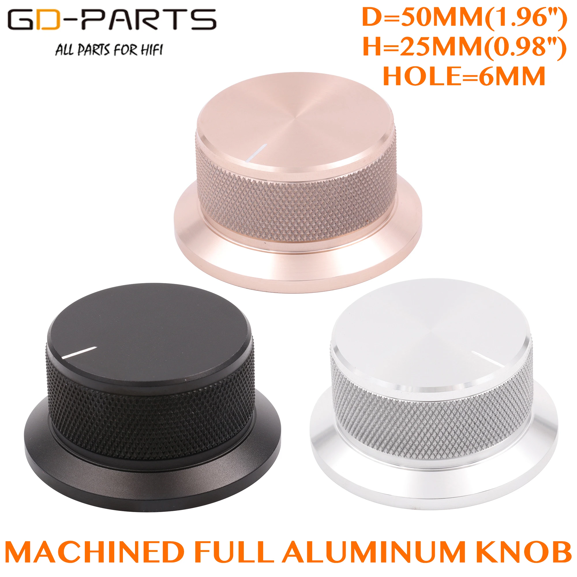 50mm-25mm obrabiane stałe pełne aluminium głośności pokrętło potencjometru kontrola dźwięku Cap 6mm otwór Audio DIY czarny srebrny złoty 1PC