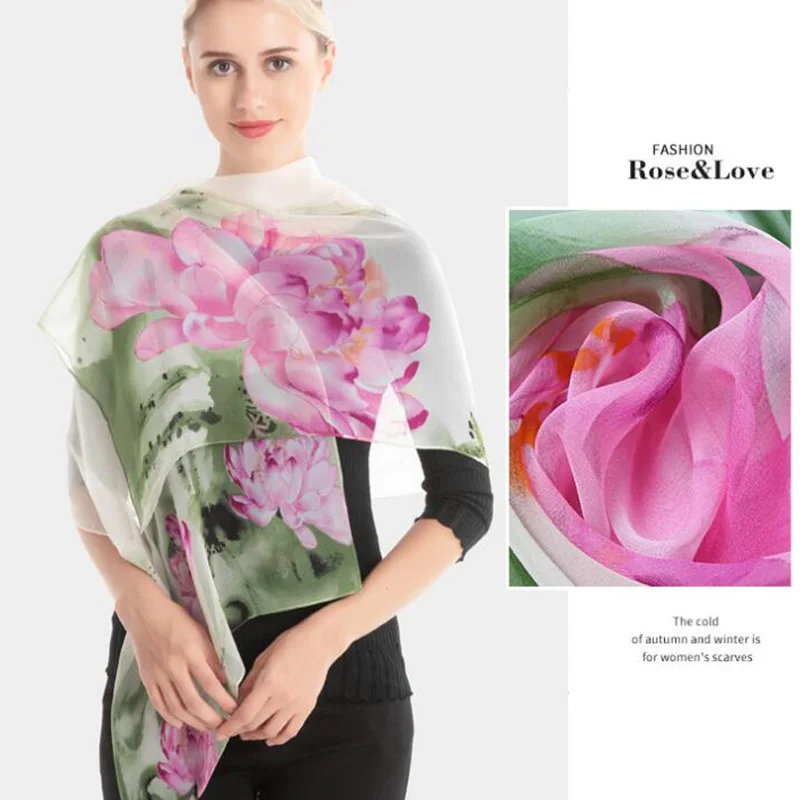 Foulard Long en mousseline de soie pour femmes, écharpe de printemps en Polyester, motif de Lotus, doux, châle de protection solaire, N49