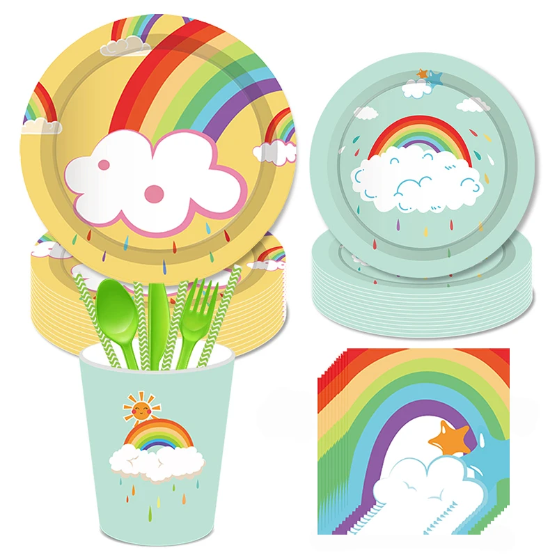 White Cloud Rainbow Party Favors Tableware Kids Birthday Paper Plates Cup Cartoon Dessert Cake Dish Wedding Decor Party Supplies