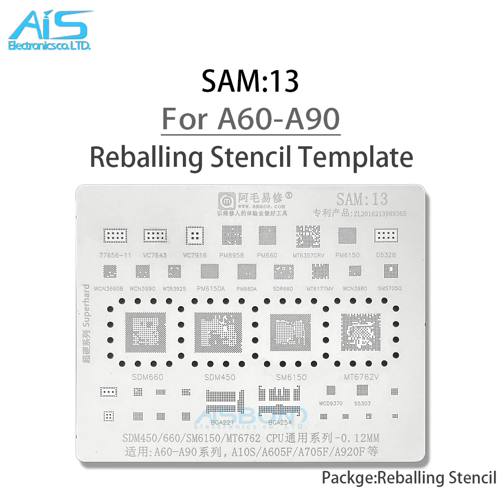 SAM13 BGA Reballing Stencil per Samsung A10S A20 A30 A40 A50 A60 A70 A80 A90 A605F A705F A920F SDM660 SDM450 SM6150 MT6762V CPU