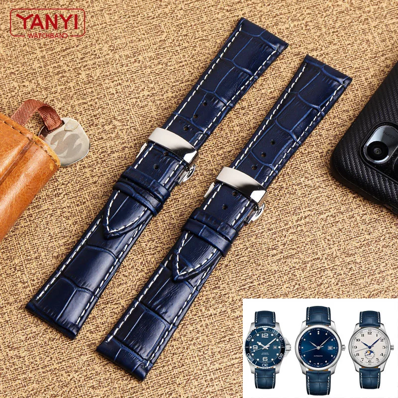 Top layer cowhide Genuine Leather bracelet 19 21mm 22mm dark blue watch strap for Longines L29094920 watchband wristwatches band