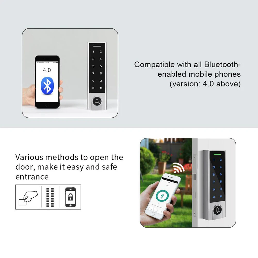 Bluetooth tuya app controlador de acesso ip66 à prova dwaterproof água 125khz rfid controle acesso adicionar excluir usuários por aplicativo 1000 usuário 100 app usuário