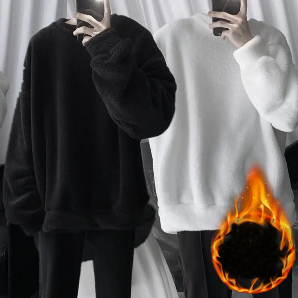 Korean Style Men Sweatshirt Solid Color O Neck Loose Cozy Keep Warm Winter Top Loose Men\'s Men Men Hoodie pullovers Streetwear