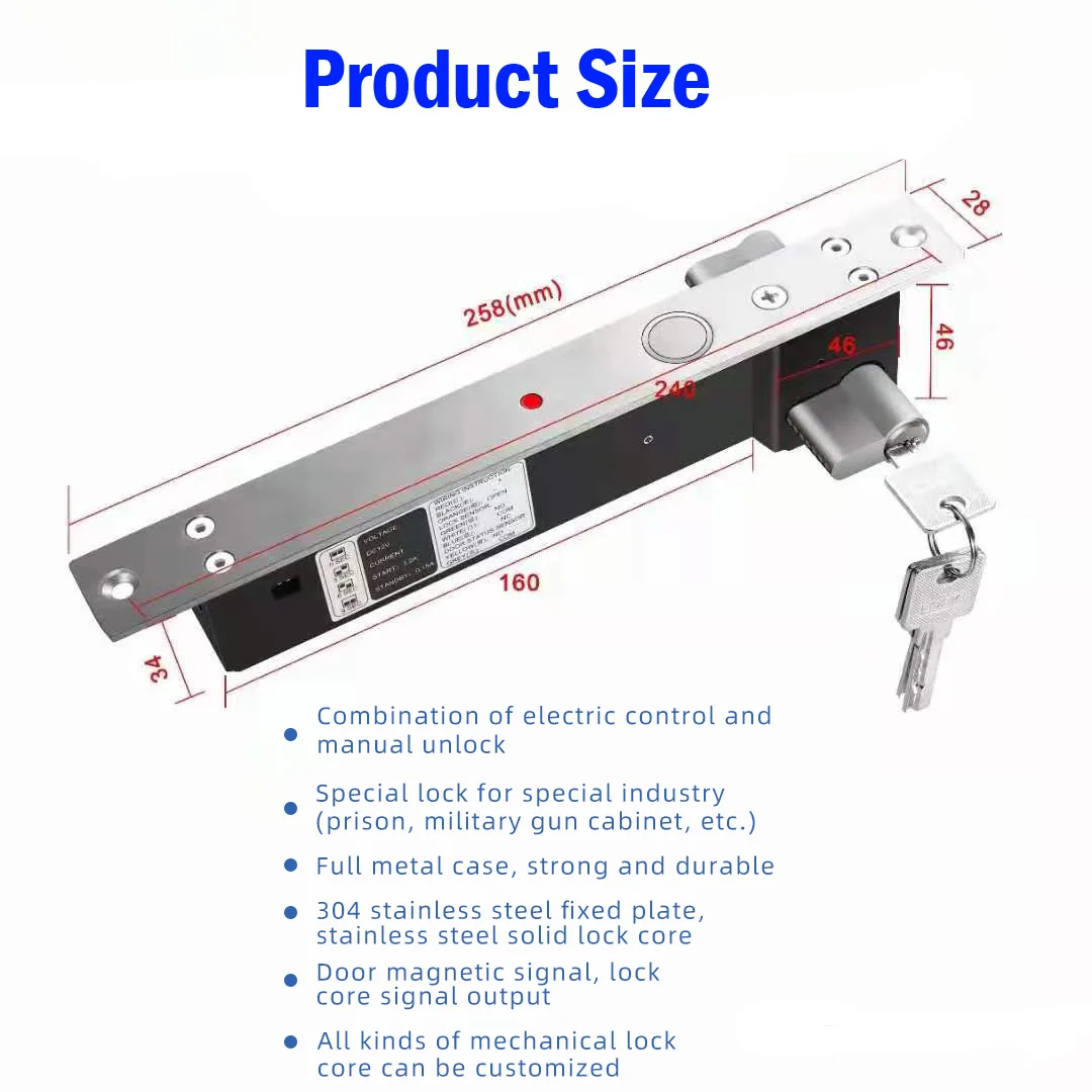 Electric Lock With Mort Cylinder Key Time Delay DC 12V Fail Secure Bolt Mortise Door Lock NO Smart Door Lock