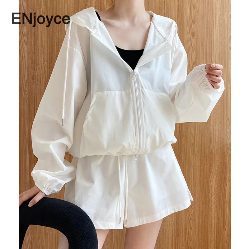 

ENjoyce Women Two Piece Set Zipper Cardigan Tracksuit and Shorts Korean Fashion Outfit Long Sleeve Tops Suits Spring Summer