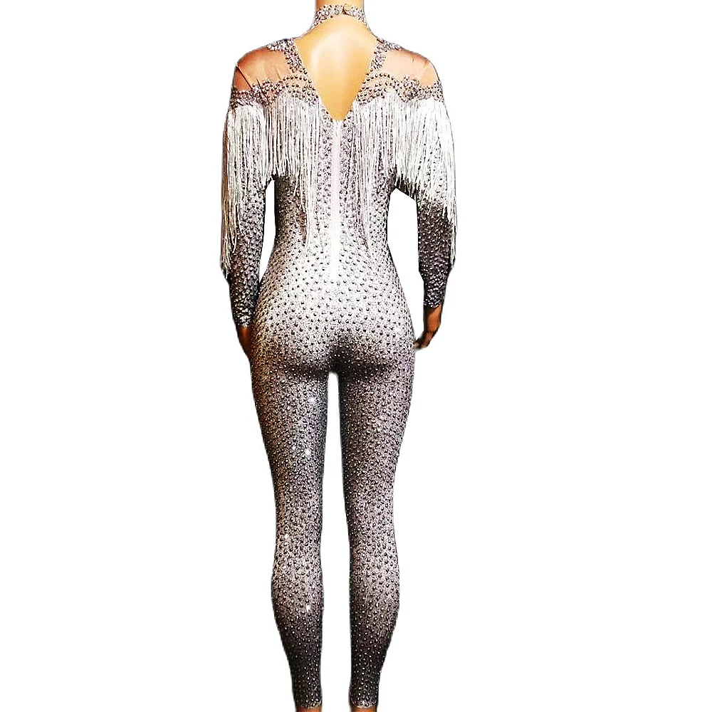 Silver Rhinestones Tassel Women Jumpsuits Shining Dance Costume Nightclub Show Stage Wear Party Evening Drag Queen Outfits