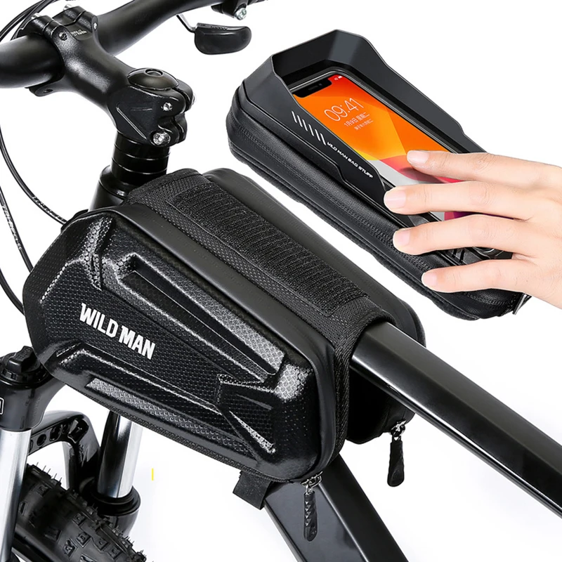 WILD MAN Rainproof Bicycle Frame Bag Front Hard Shell Bike Top Tube Bag Touch Screen Cycling Phone Bag 6.7 Inch Bike Accessories