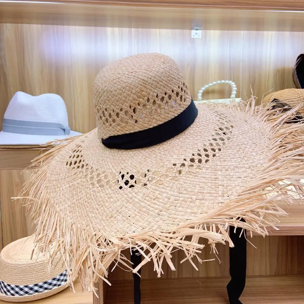 Big Brim Raffia Sun Hat Hollow Out Ribbon Summer Beach Hat Elegant Floppy Fedora Straw Hat UV Protection Fringed Sun Derby Cap