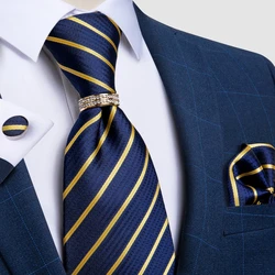 Herren Krawatte Gold Blau Gestreiften Design Hochzeit Krawatte Für Männer Krawatte Ring Silk Krawatte Set Hanky Manschettenknöpfe DiBanGu Business JZ03-7029