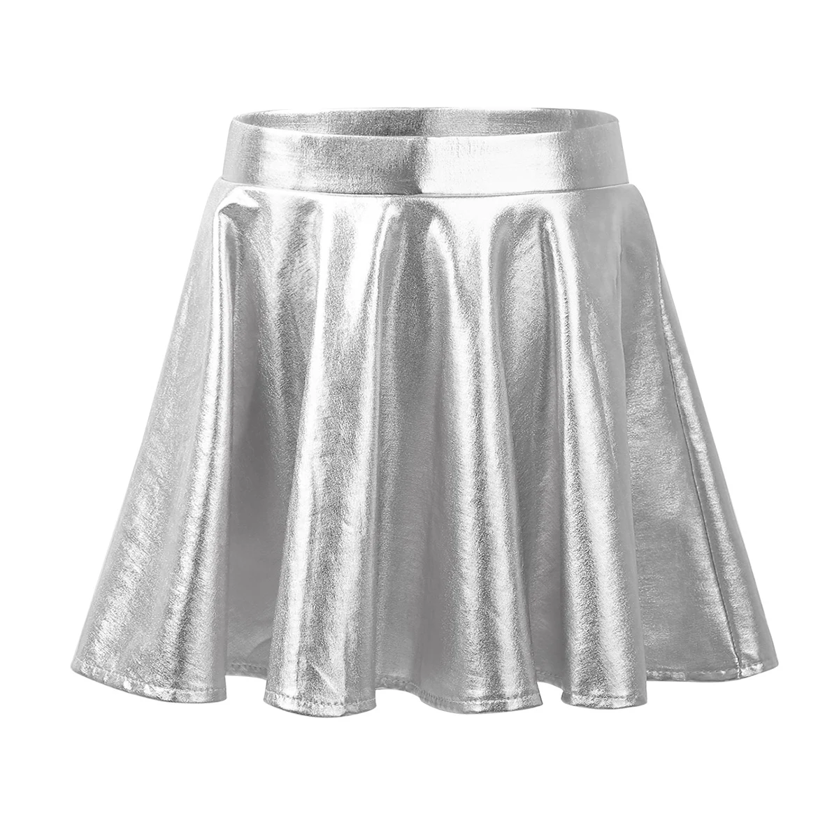 

Hot Kids Girls Dance Performance Costumes Metallic Flared Pleated A-Line Mini Skirt Athletic Shiny High Elastic Waistband Skirt