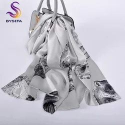 [BYSIFA] Blue White Silk Scarf Shawl Fashion Ladies Peony Design Long Scarves Spring Women Brand 100% Silk Neck Scarf 175*52cm