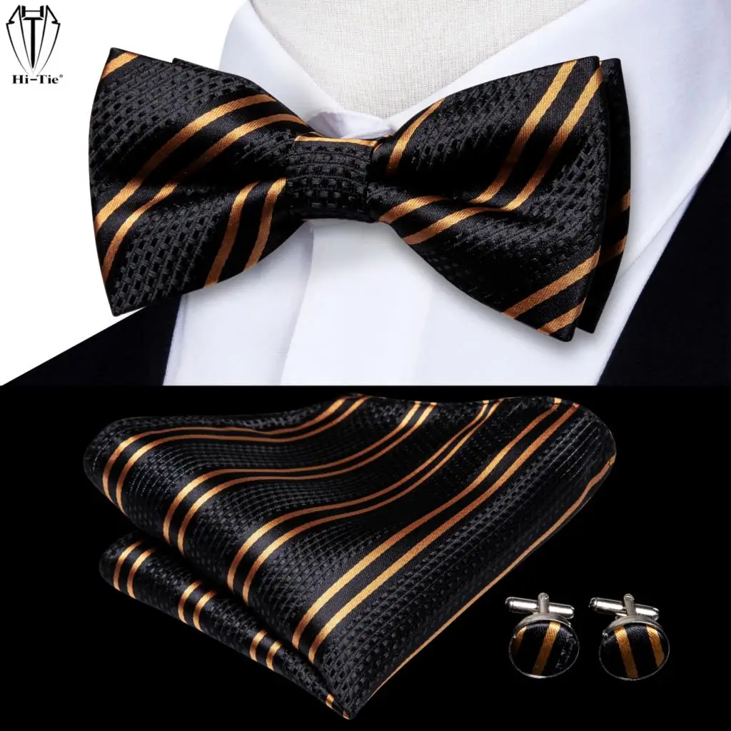 Hi-Tie Jacquard Silk Black Gold Striped Mens Bowtie Adult Bow Tie Hankerchief Cufflinks Set Pre-tied Men Butterfly Bowknot Gift