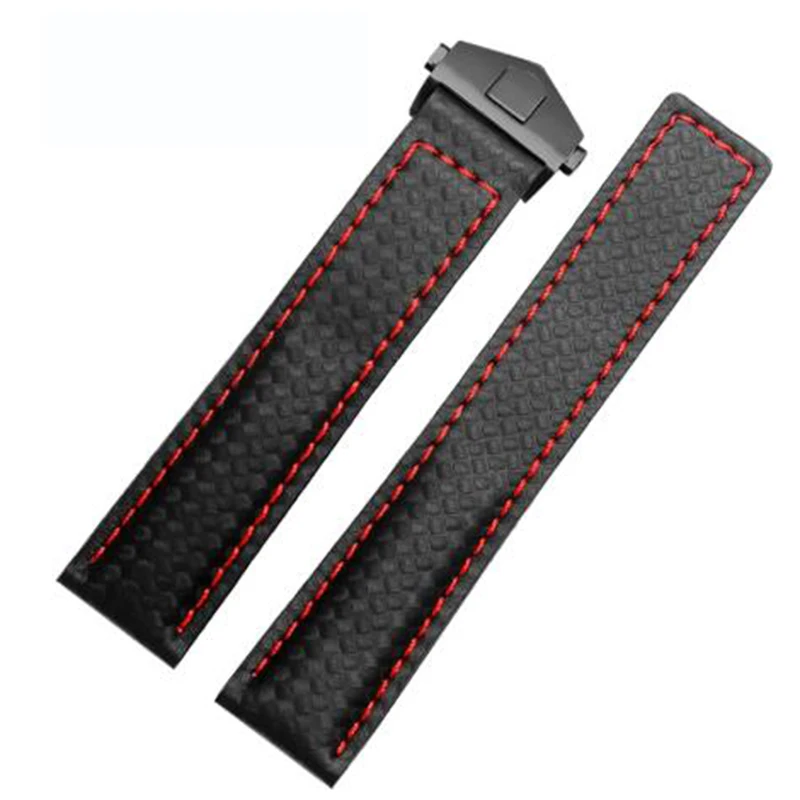 For TAG heuer  watchband Carbon fiber texture cow leather bottom BLACK RED wristband men\'s strap 20mm 22mm with folding buckle