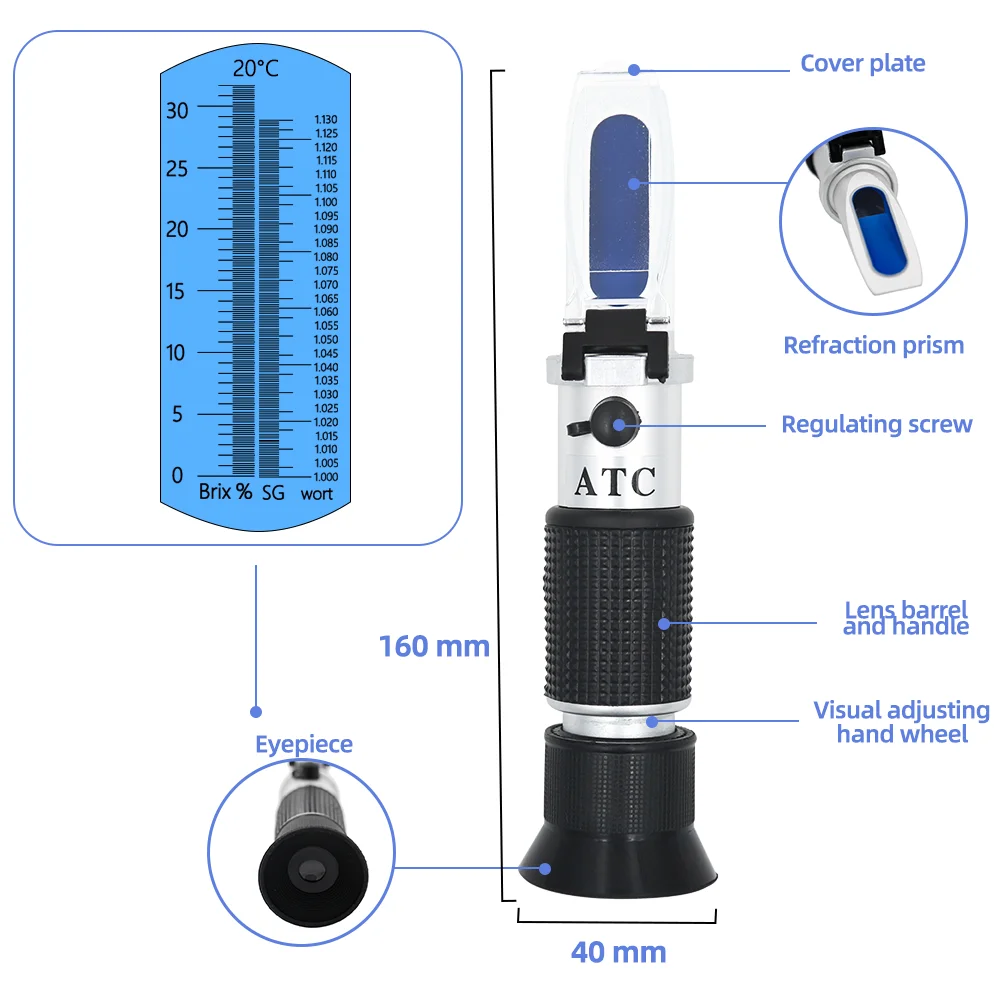 ขายปลีกกล่อง Refractometer เบียร์ Wort ไวน์ ATC SG 1.000-1.130 Brix 0-32%,สำหรับผลไม้ไวน์น้ำตาล48% Off