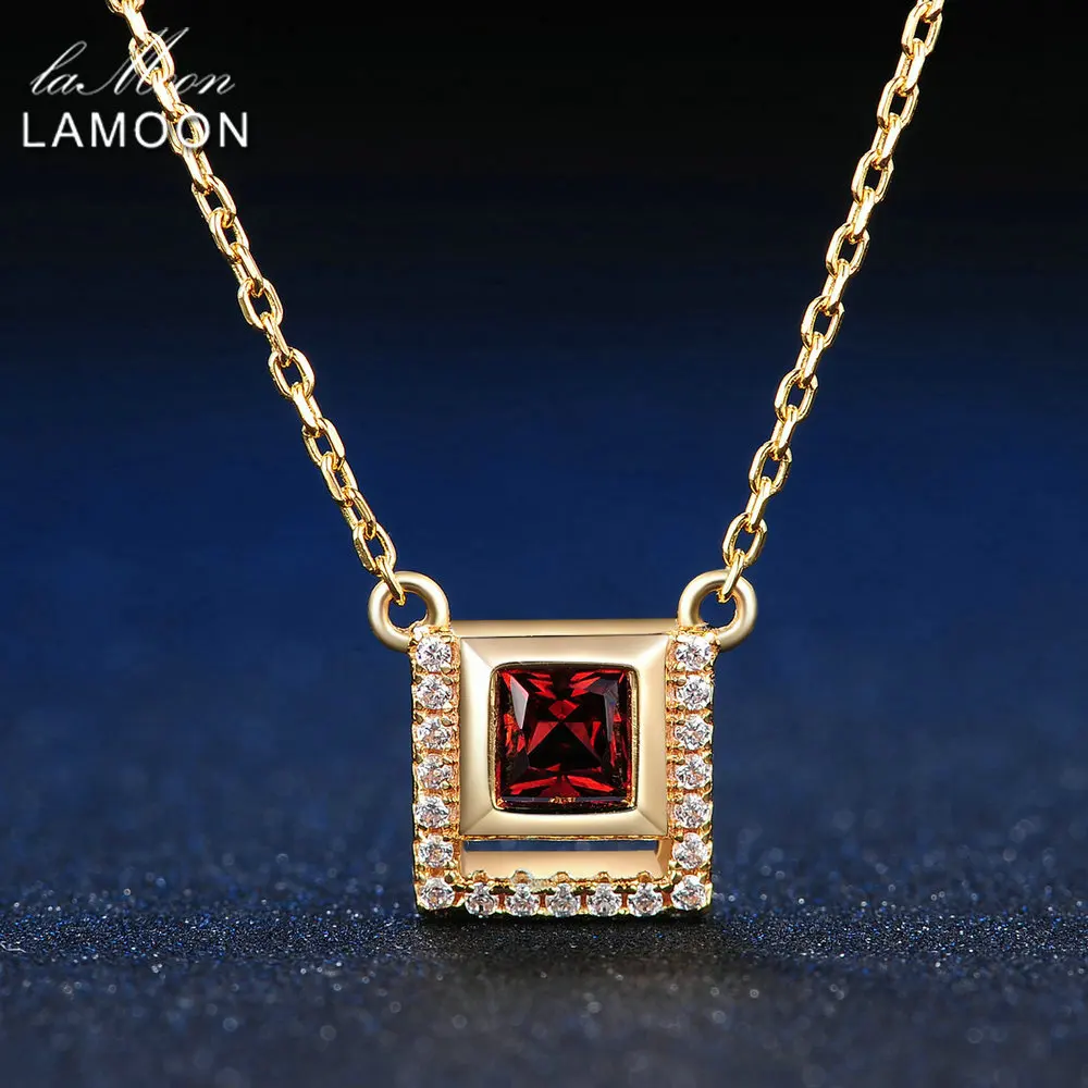 LAMOONสแควร์4Mm 0.25ct 100% สีแดงธรรมชาติGarnet 925เงินสเตอร์ลิงสร้อยคอจี้สร้อยคอS925 LMNI020