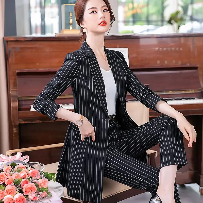 Women\'s Striped Blazer and Pencil Pant Sets, 2 Piece Formal Suits, Office Ladies, Business, Classic, Long, Autumn